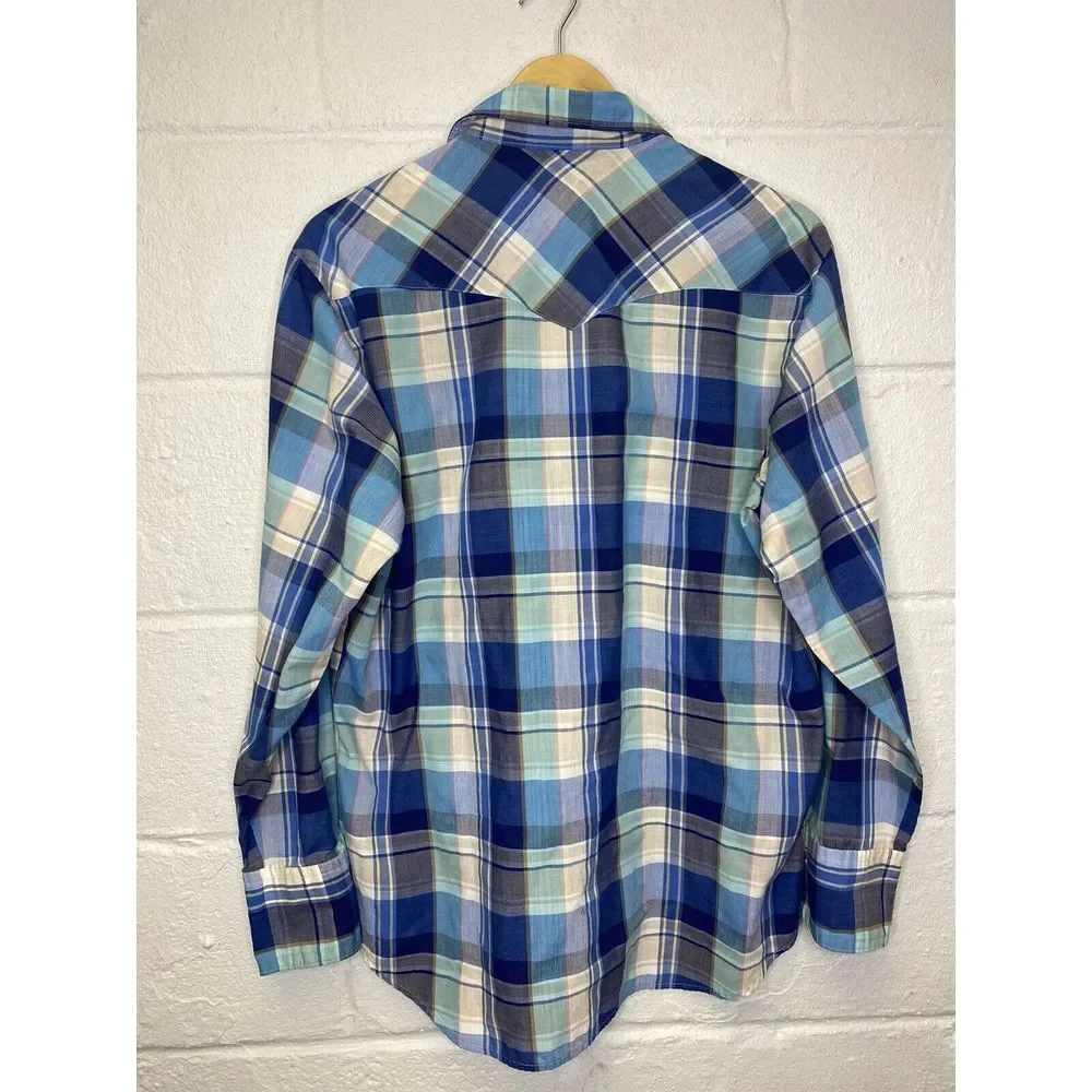 Vtg Wrangler Mens‎ Large Western Shirt Blue Teal Plaid Pearl Snap Buttons
